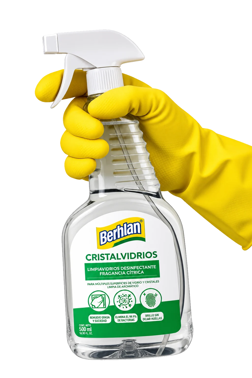 Mano con guante amarillo rociando Cristalvidrios de Berhlan